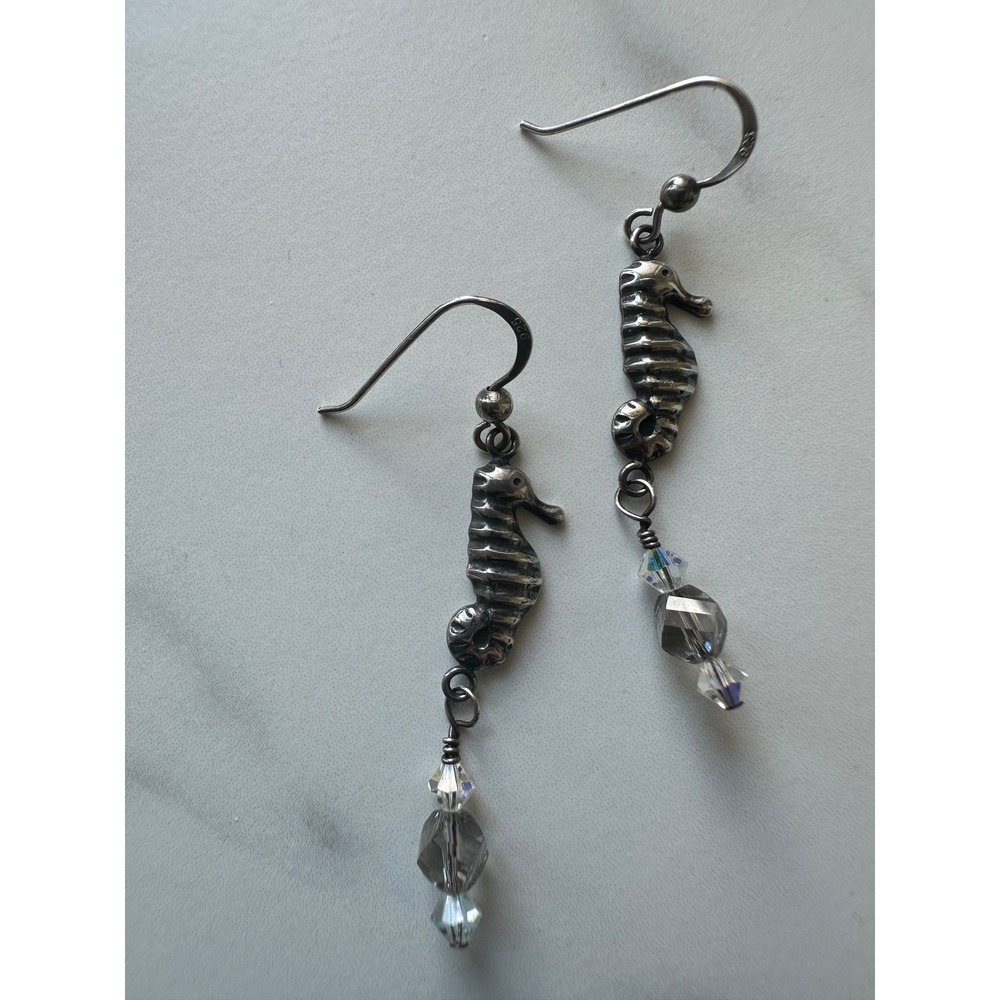 Sterling Silver Seahorse Dangle Earrings‎ Oxidized Crystal Beads 925 Nautical